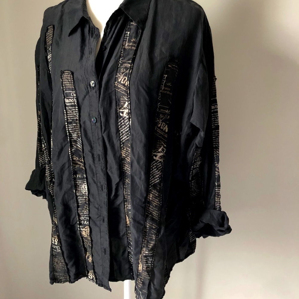Vintage Chico’s Silk Black/Newsprint Stripe Button Up Blouse